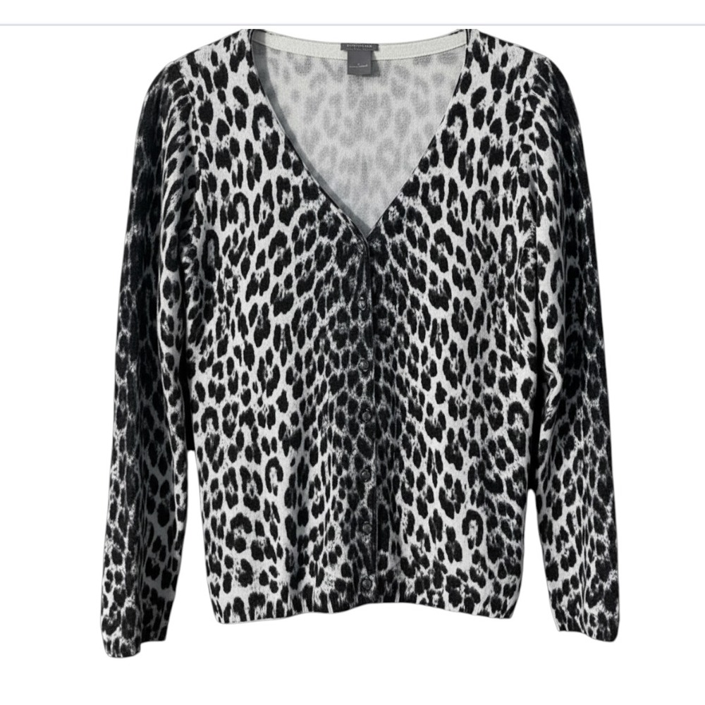 ANN TAYLOR Black/White Leopard COTTON BLEND SWEATER CARDIGAN Gray Pearl Button M
